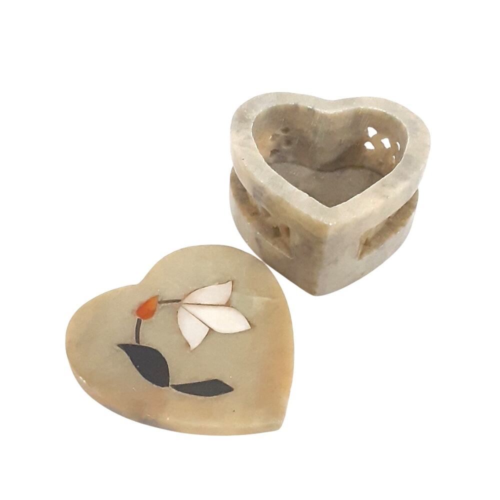 Vintage Soapstone Mother of Pearl Inlay Abalone Tulip Trinket Box India Ring Box